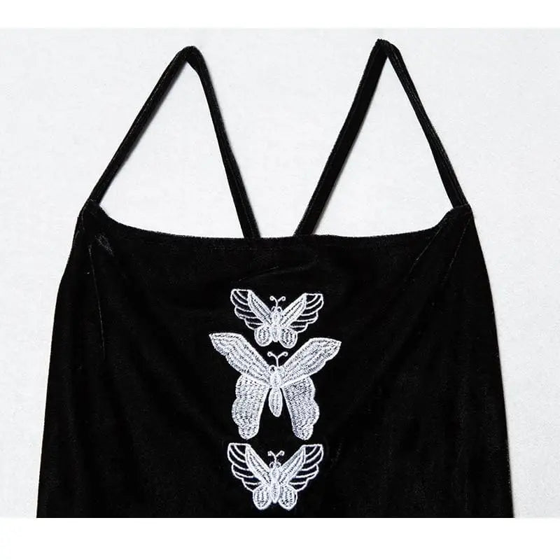 Gothic Grunge Butterfly Embroidery Velvet Sling Strap Mini Dress