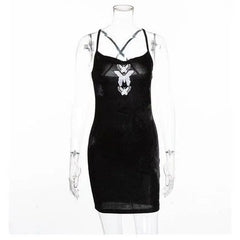 Gothic Grunge Butterfly Embroidery Velvet Sling Strap Mini Dress