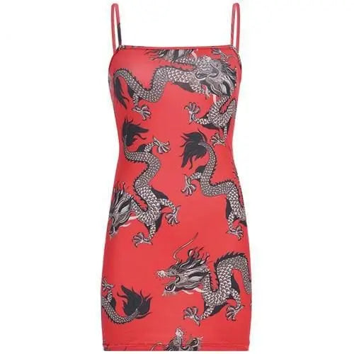 Gothic Grunge Dragon Print Red Bodycon Dress