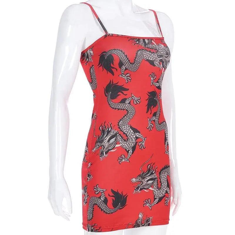 Gothic Grunge Dragon Print Red Bodycon Dress
