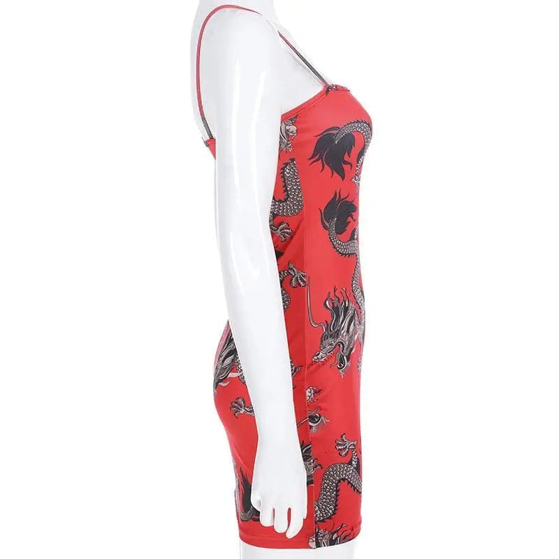 Gothic Grunge Dragon Print Red Bodycon Dress