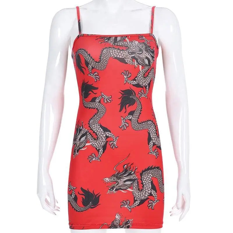 Gothic Grunge Dragon Print Red Bodycon Dress