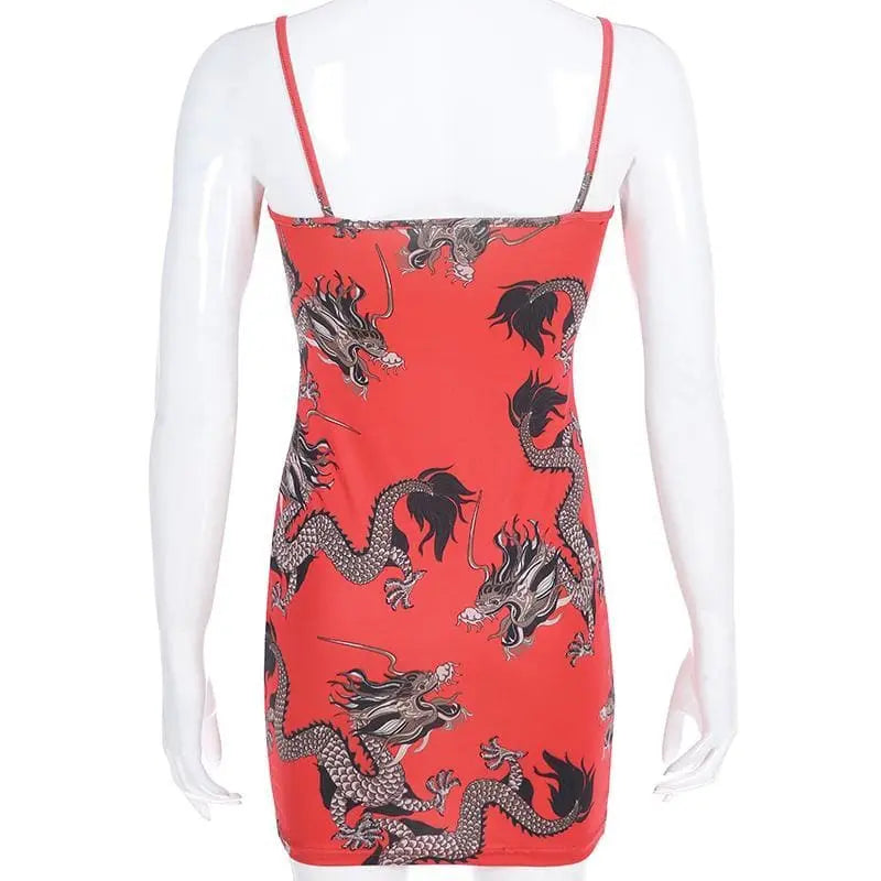 Gothic Grunge Dragon Print Red Bodycon Dress