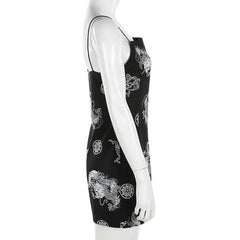 Gothic Grunge Dragon Print Spaghetti Strap Slit Mini Dress