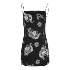 Gothic Grunge Dragon Print Spaghetti Strap Slit Mini Dress