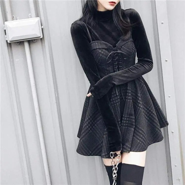 Gothic Grunge Gray Plaid Lace Up Sling Strap Dress