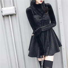 Gothic Grunge Gray Plaid Lace Up Sling Strap Dress