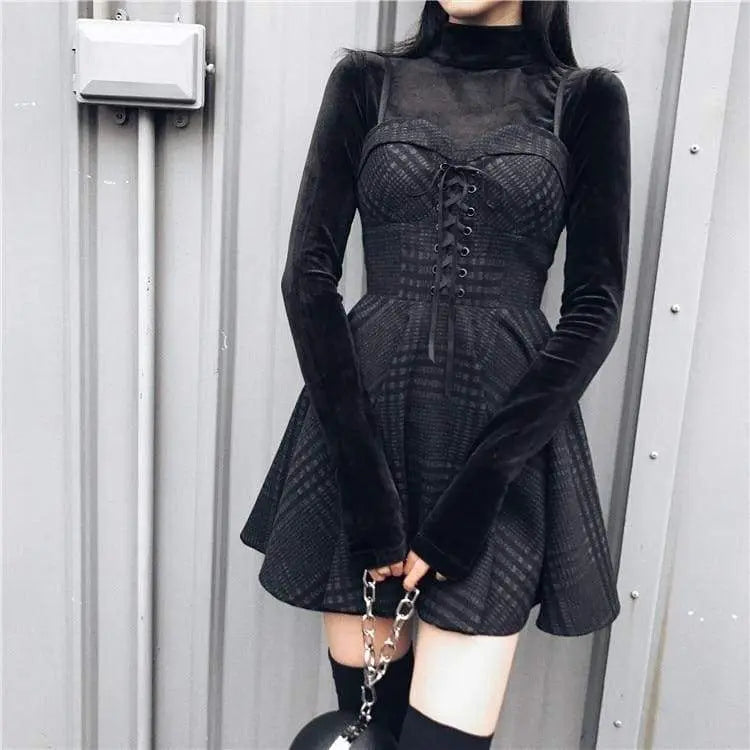 Gothic Grunge Gray Plaid Lace Up Sling Strap Dress