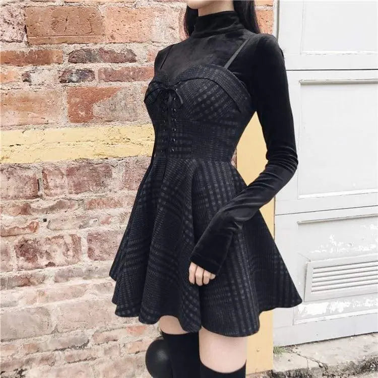 Gothic Grunge Gray Plaid Lace Up Sling Strap Dress