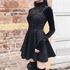 Gothic Grunge Gray Plaid Lace Up Sling Strap Dress