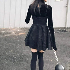 Gothic Grunge Gray Plaid Lace Up Sling Strap Dress