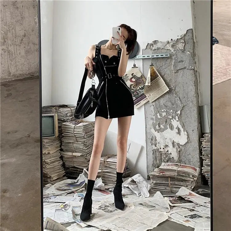 Gothic Grunge Plaid/Plain Zipper Dress