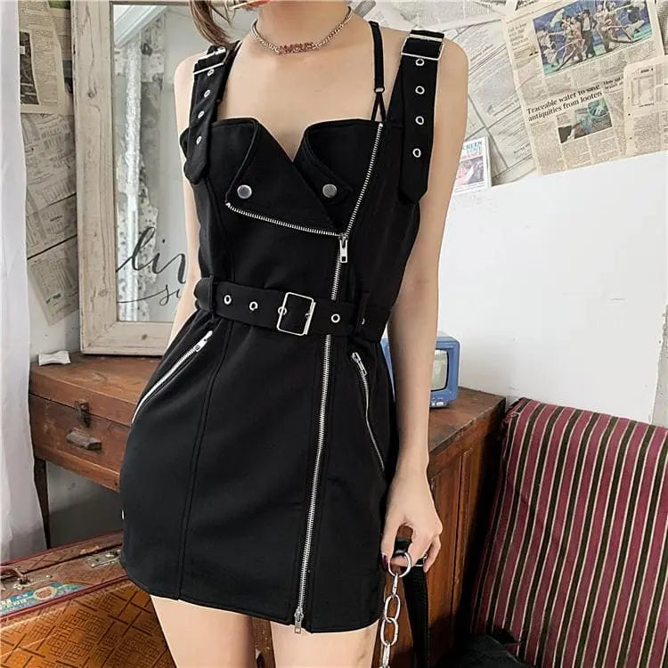 Gothic Grunge Plaid/Plain Zipper Dress