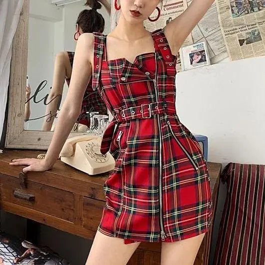 Gothic Grunge Plaid/Plain Zipper Dress