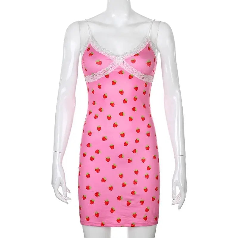 Gothic Grunge Strawberry Print Lace Bodycon Mini Dress
