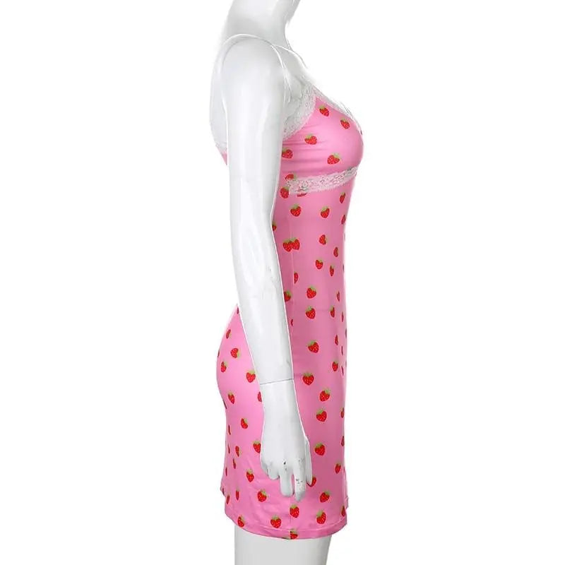 Gothic Grunge Strawberry Print Lace Bodycon Mini Dress