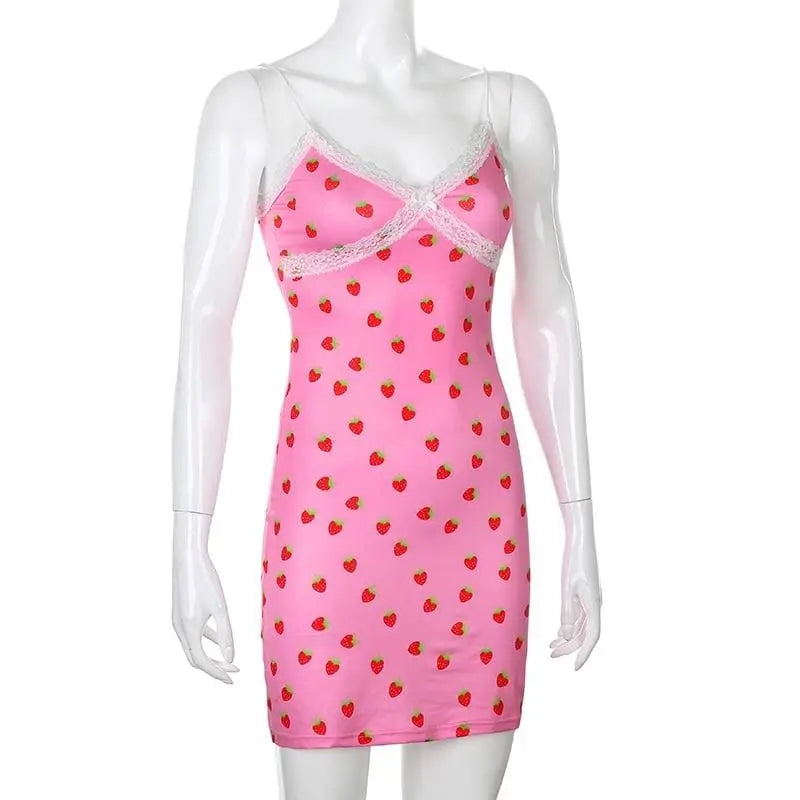 Gothic Grunge Strawberry Print Lace Bodycon Mini Dress