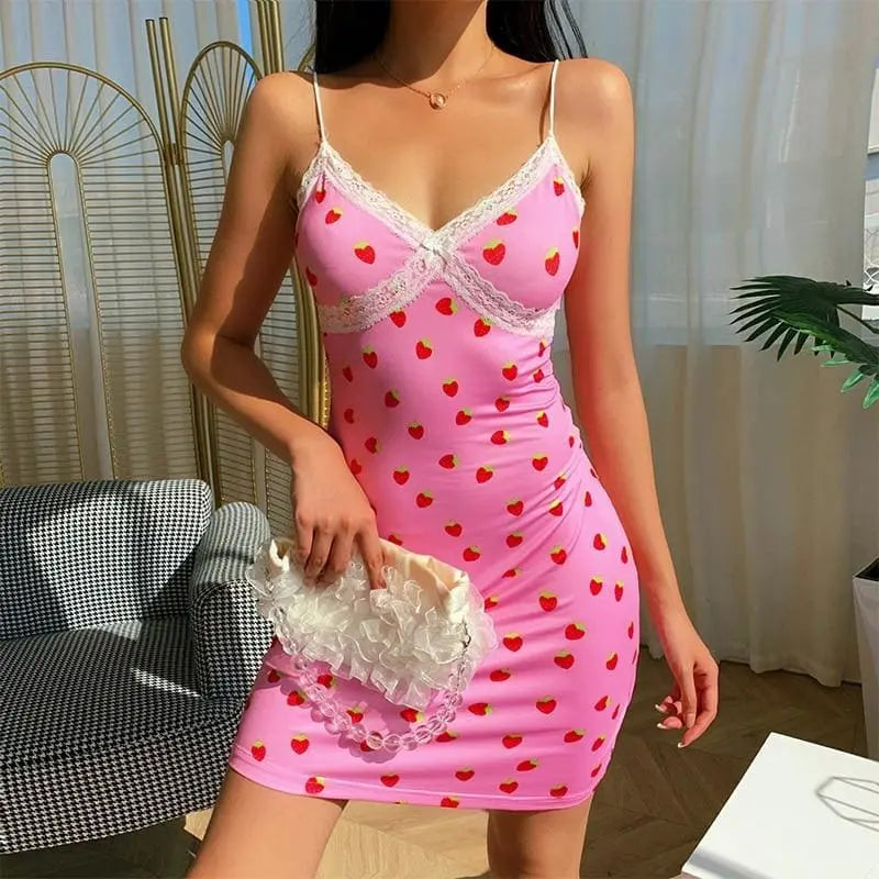 Gothic Grunge Strawberry Print Lace Bodycon Mini Dress