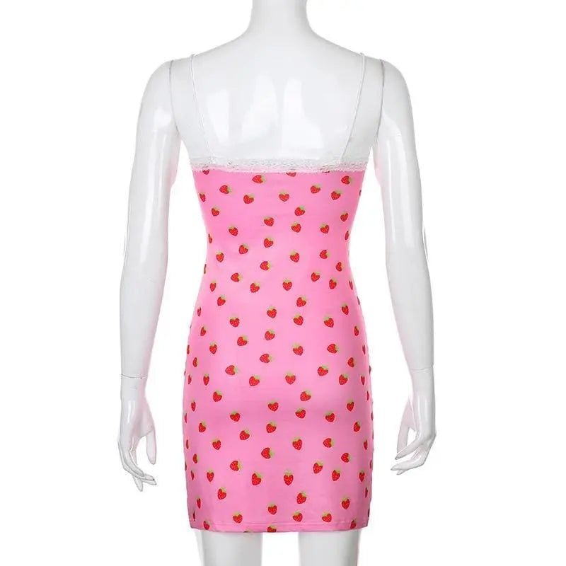 Gothic Grunge Strawberry Print Lace Bodycon Mini Dress