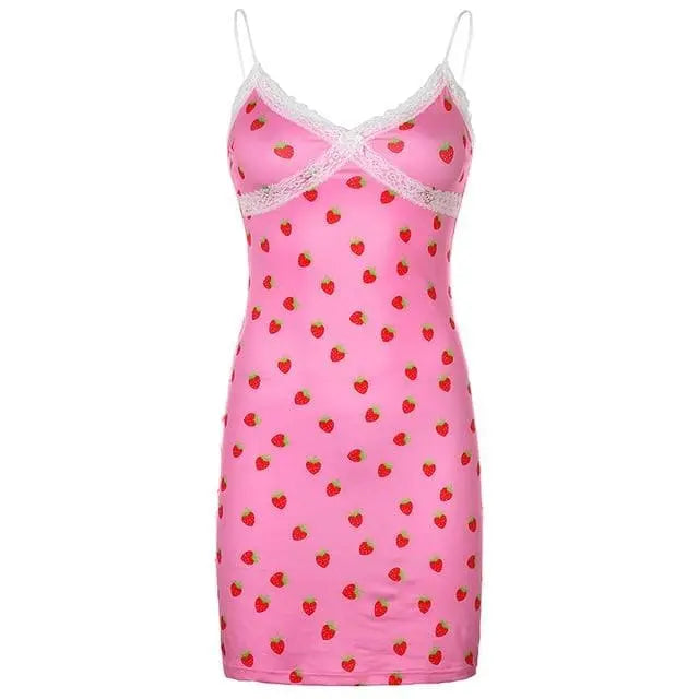 Gothic Grunge Strawberry Print Lace Bodycon Mini Dress