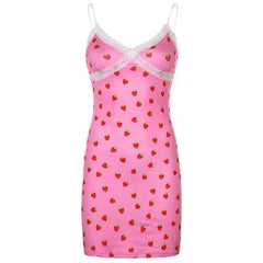 Gothic Grunge Strawberry Print Lace Bodycon Mini Dress