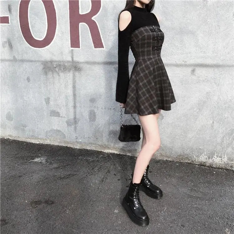 Gothic Grunge Triple Buckle Gray Plaid Tube Mini Dress