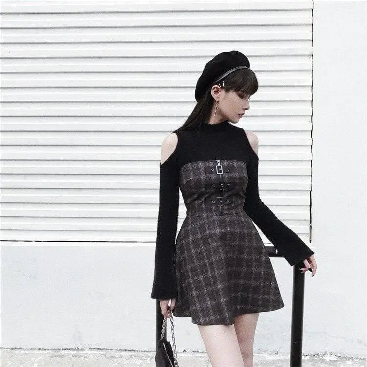 Gothic Grunge Triple Buckle Gray Plaid Tube Mini Dress