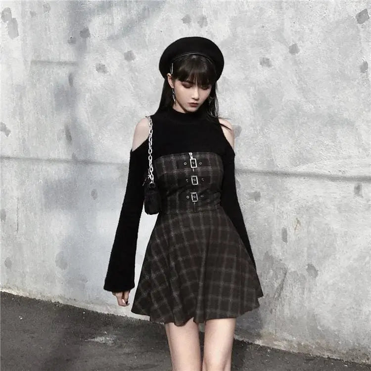 Gothic Grunge Triple Buckle Gray Plaid Tube Mini Dress