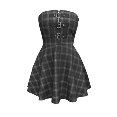 Gothic Grunge Triple Buckle Gray Plaid Tube Mini Dress
