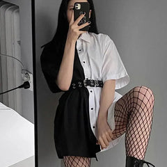 Gothic Grunge Two-Tone Black White Shirt Dress Top
