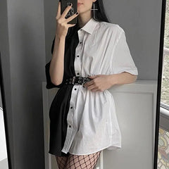 Gothic Grunge Two-Tone Black White Shirt Dress Top