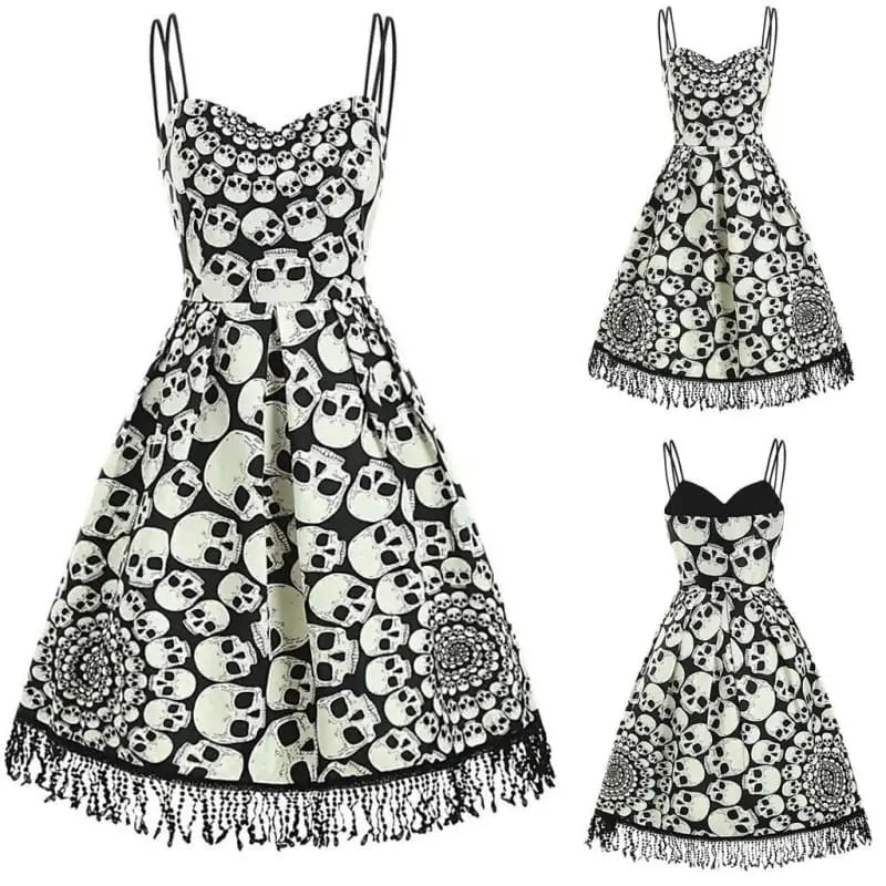 Gothic Halloween Skulls Tassel Dress
