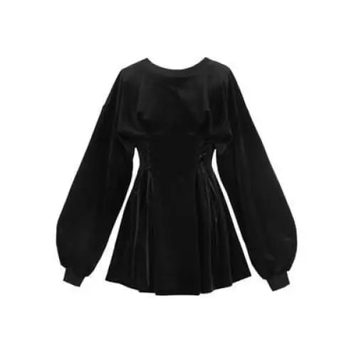 Gothic Harajuku Lantern Sleeve Double Lace Up Waist Mini Dress