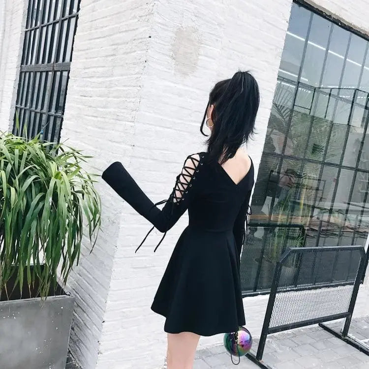 Gothic Harajuku Punk Sexy Lace Up Sleeves Mini Dress