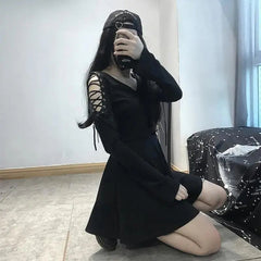 Gothic Harajuku Punk Sexy Lace Up Sleeves Mini Dress