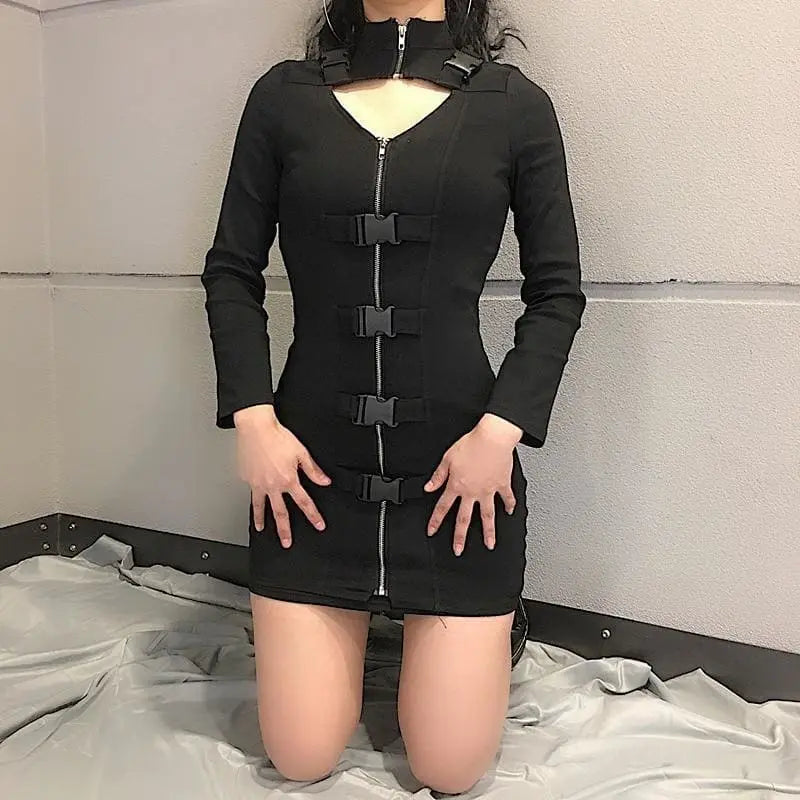 Gothic Key Hole Buckle Front Long Sleeve Bodycon Dress