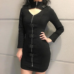 Gothic Key Hole Buckle Front Long Sleeve Bodycon Dress