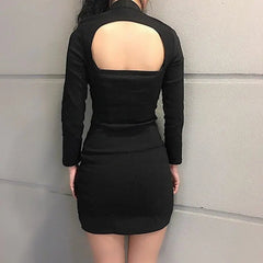 Gothic Key Hole Buckle Front Long Sleeve Bodycon Dress