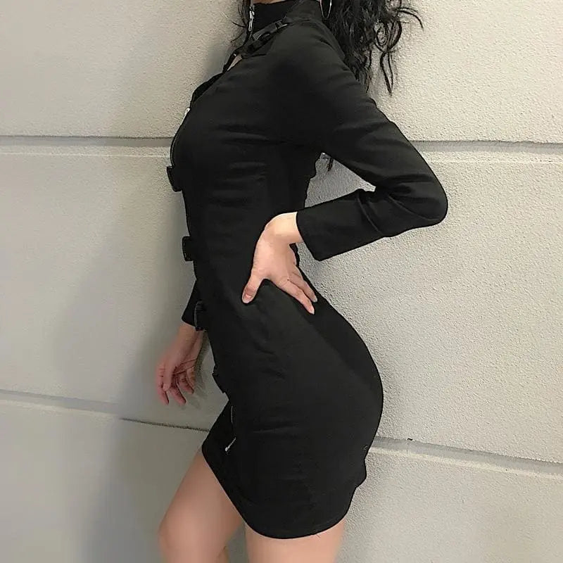 Gothic Key Hole Buckle Front Long Sleeve Bodycon Dress