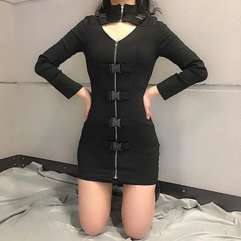 Gothic Key Hole Buckle Front Long Sleeve Bodycon Dress