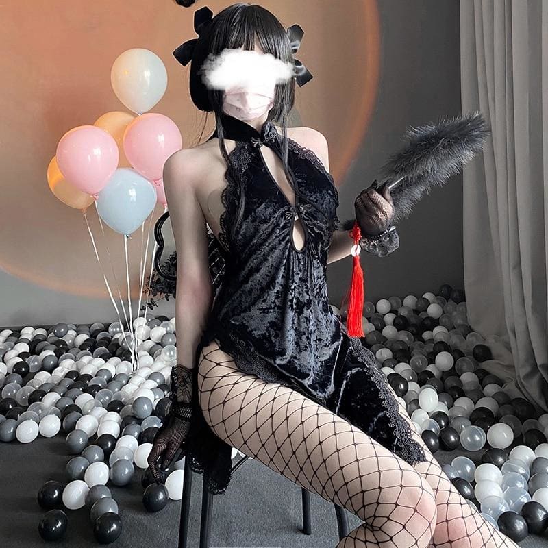 Gothic Lace Floral Halter Hollow Asian Cheongsam Dress EE0816