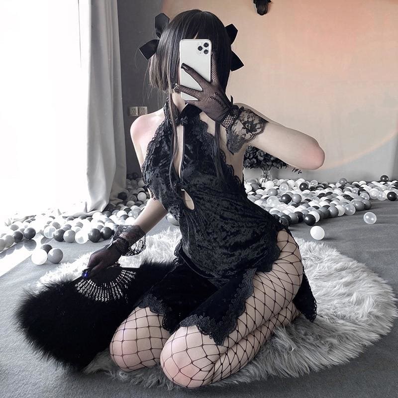 Gothic Lace Floral Halter Hollow Asian Cheongsam Dress EE0816