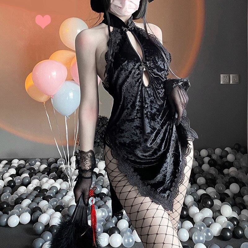 Gothic Lace Floral Halter Hollow Asian Cheongsam Dress EE0816