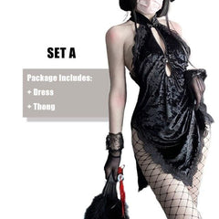 Gothic Lace Floral Halter Hollow Asian Cheongsam Dress EE0816