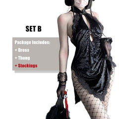 Gothic Lace Floral Halter Hollow Asian Cheongsam Dress EE0816
