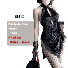 Gothic Lace Floral Halter Hollow Asian Cheongsam Dress EE0816
