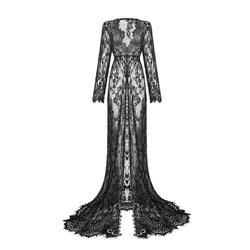 Gothic Lace Front Slit Maxi Dress
