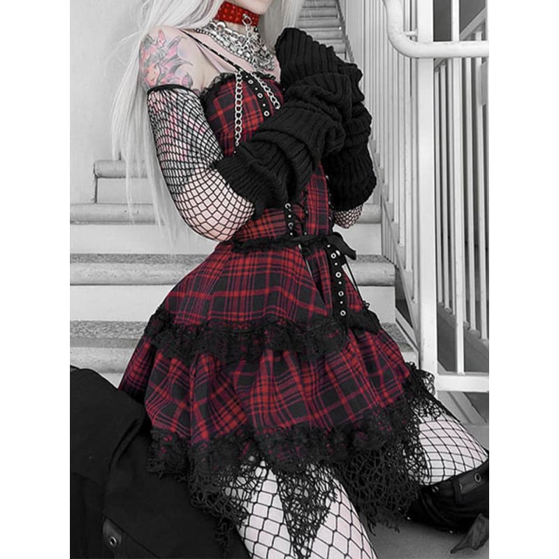 Grunge Plaid Red Black Strappy Dress