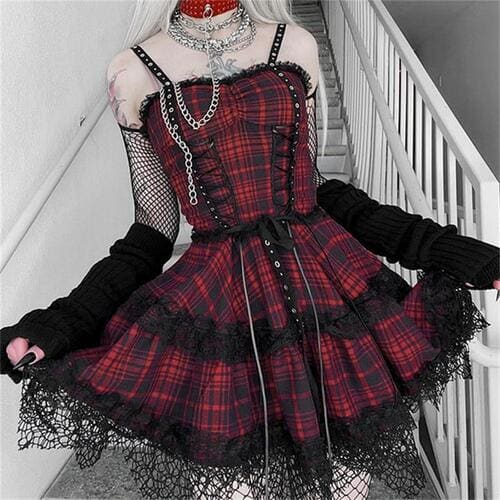 Grunge Plaid Red Black Strappy Dress
