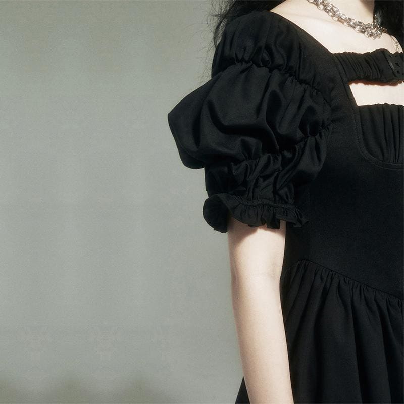 Harajuku Style Gothic Irregular Vintage Puff Sleeve Black Dress EE0870